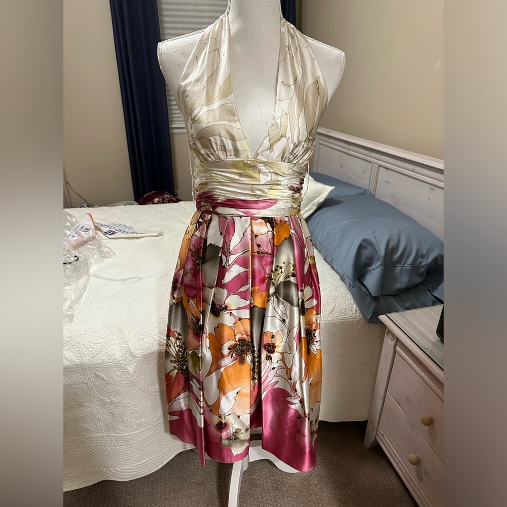 Adrianna Papell floral white and pink float summer halter dress